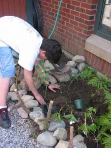 Child planting garden at school